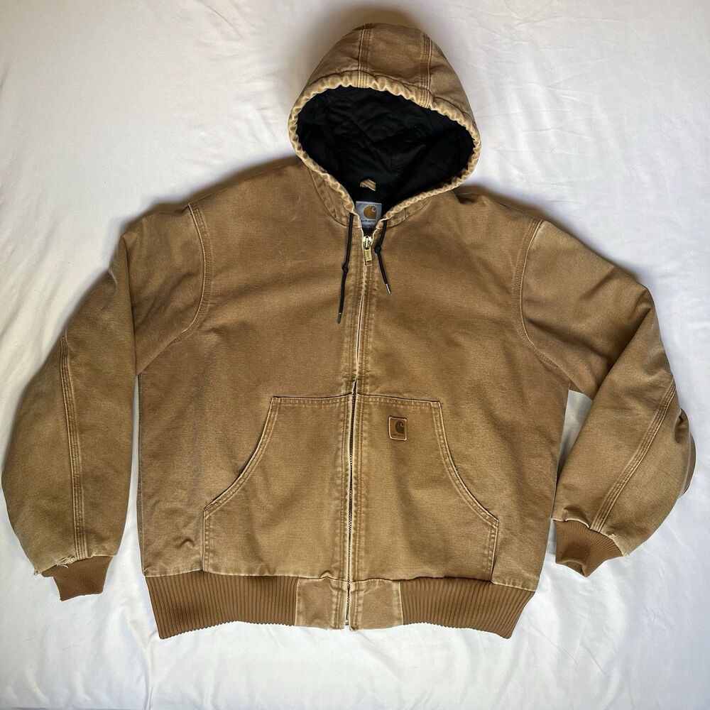 Y2K Carhartt Jacket Mens Large Brown J130 Canvas Hood Quilted Insulated Workwear